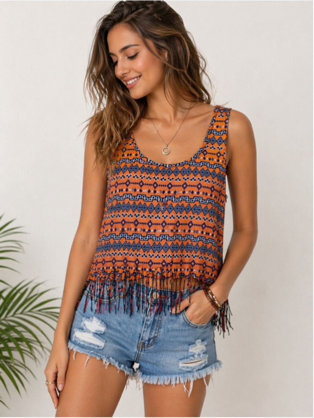 Guess Boho Fringe Tank Top Orange Blue Tribal Print Sleeveless M